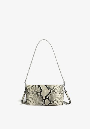 Rectangular crossbody bag with black and white snakeskin pattern and a thin silver chain strap on white background.