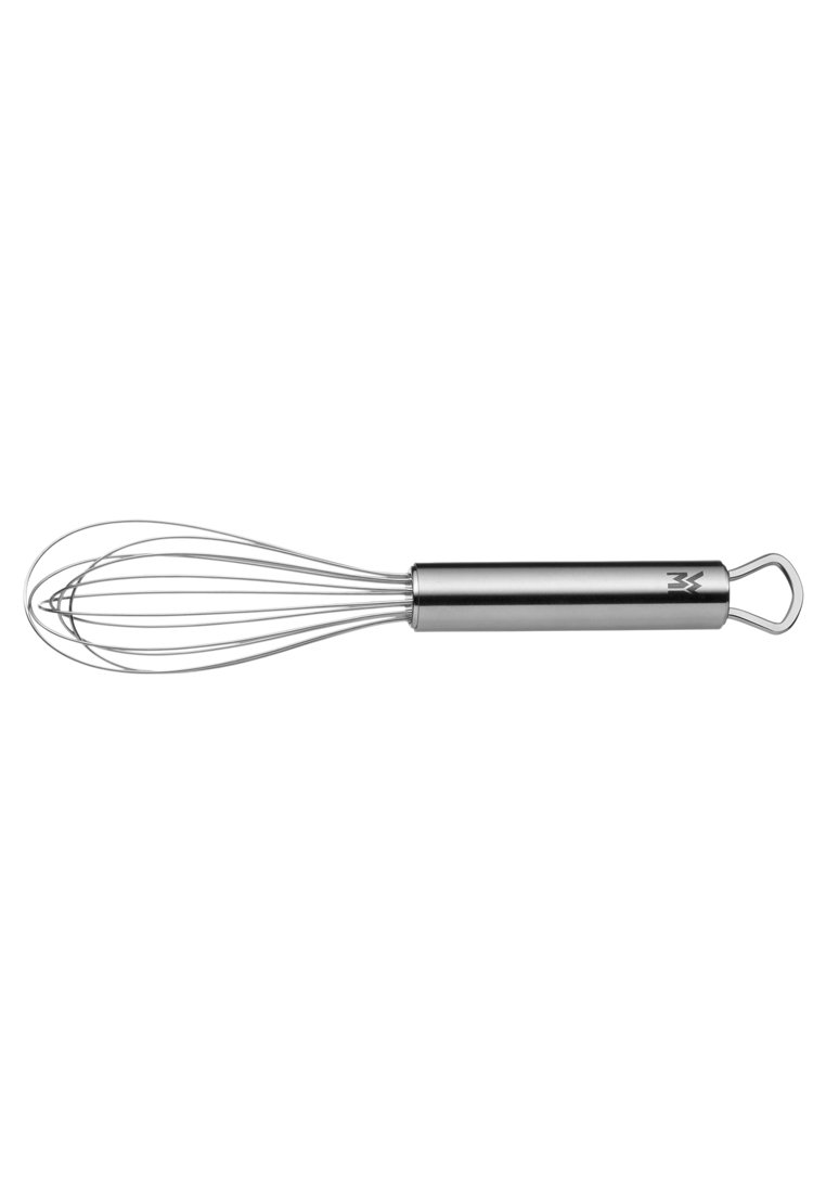 Edelstahl-Schneebesen mit einem zylindrischen Griff und mehreren Drahtschleifen, die einen runden Kopf bilden. Elegantes Design, silberne Farbe und glatte Oberfläche.