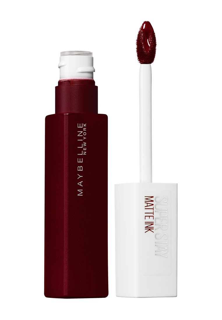 Rossetto liquido in un tubo rosso intenso con cappuccio bianco, dotato di un applicatore a forma di piede di cervo. Finitura strutturata con l'iscrizione "Super Stay Matte Ink".