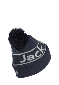 Navy knitted beanie with a gray circular design and the word "Jack" in bold. Features a dark pom-pom on top and a branded tag on the side.