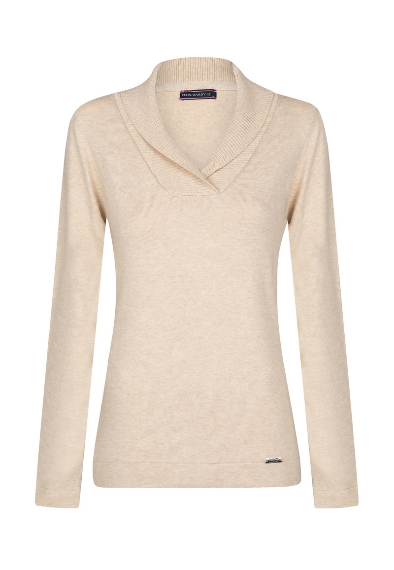 Pullover color crema con colletto a scialle, maniche lunghe e vestibilità ampia. Realizzato in morbido materiale a maglia; include un piccolo dettaglio del logo sull'orlo.