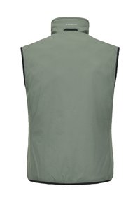 Green sleeveless vest with a high collar, made of lightweight fabric, featuring a smooth texture and contrasting black hem and arm openings.