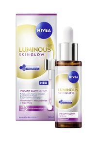NIVEA Luminous Skin Glow serum in a 30ml amber glass bottle with a dropper, features a white label and a purple-accented box.