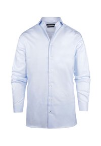 Lichtblauwe overhemd gemaakt van gladde stof, met een puntkraag, lange mouwen en een knoopsluiting met witte knopen.