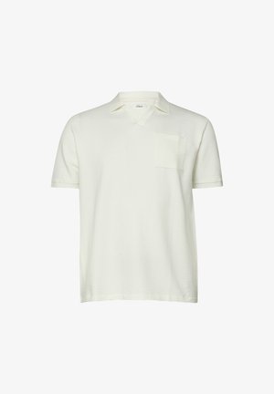 Polo crème à manches courtes en tissu texturé, col en V et poche poitrine, présenté sur fond blanc.