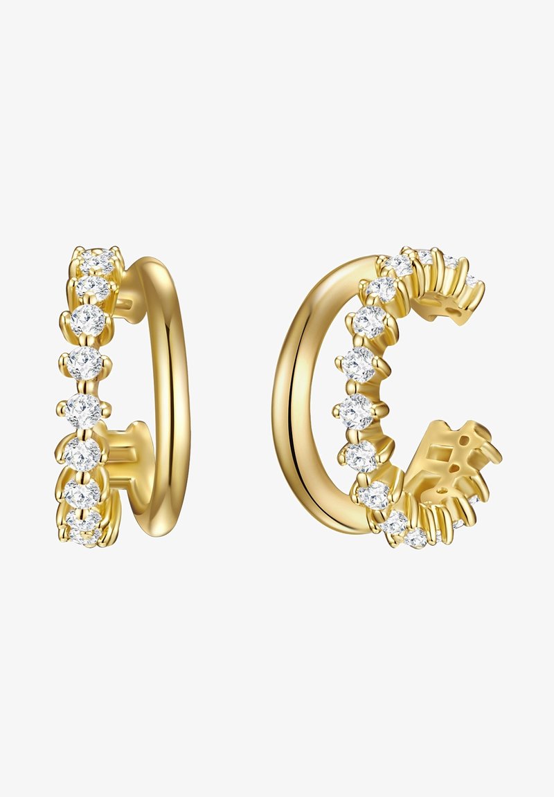 Aukso apvalūs auskarai, puošiami skaidriais rhinestones kraštuose, su lygia apdaila ir gėlių formos akcentais kiekvienoje pusėje.