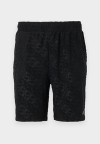 Pantalones cortos negros hechos de un tejido texturizado con un patrón en relieve. Cintura elástica para mayor comodidad. Diseño sencillo sin hardware visible.