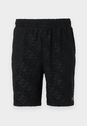 Zwarte shorts van een gestructureerde stof met een reliëfpatroon. Elastische tailleband voor comfort. Eenvoudig ontwerp zonder zichtbare hardware.