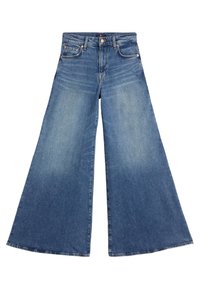 Jeans in denim blu a gamba larga con un lavaggio sbiadito, vita alta e il classico design a cinque tasche con chiusura a bottone.