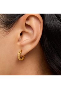 Pendiente de aro dorado con superficie texturizada y recortes en forma de estrella. Diseñado para ajustarse de forma segura en el lóbulo de la oreja con forma de media luna.