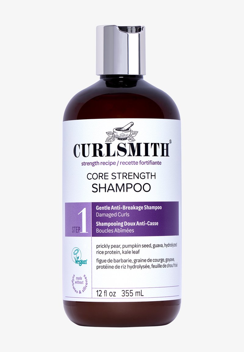 Bouteille de shampooing Curlswith Core Strength avec bouchon argenté, étiquette indiquant "doux anti-casse pour boucles abîmées", végan, 355 mL (12 fl oz).