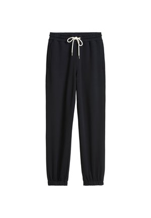 Schwarze Jogginghose aus weichem Material, mit einem elastischen Taillenbund mit Kordelzug, seitlichen Taschen und elastischen Bündchen an den Knöcheln.