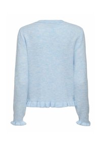 Himmelblå tröja med mjuk textur. Har ribbad halsringning och volangdetaljer vid nederkant och ärmar. Enkel, något löst sittande design.