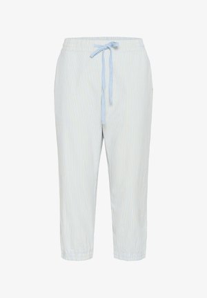 Heledad sinine ja valge triibuline pükste, mis on valmistatud pehmest kangast. Elastne vöökoht koos paelaga, lühikesed ja kogutud põlveotsad.