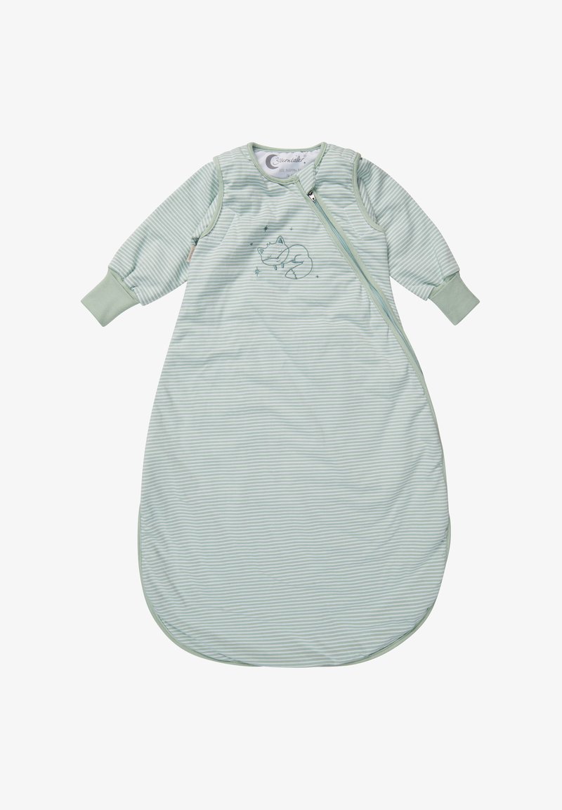 Grüner und weiß gestreifter Schlafsack mit langen Ärmeln, ausgestattet mit einem seitlichen Reißverschluss und einem gestickten Fuchsdesign auf der Vorderseite. Weiche Stofftextur.