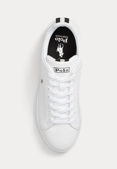 Weißer Polo Ralph Lauren Sneaker mit weißen Schnürsenkeln, schwarzer Innensohle mit weißem Polo-Logo und Reiterdesign.