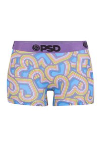 Kolorowe bokserki męskie z nakładającymi się wzorami serc w pastelowych kolorach tęczy oraz fioletową gumką z napisem "PSD".