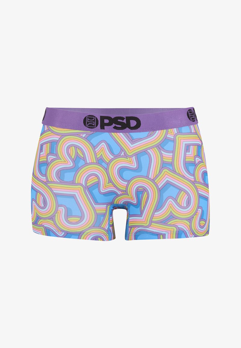 Kolorowe bokserki męskie z nakładającymi się wzorami serc w pastelowych kolorach tęczy oraz fioletową gumką z napisem "PSD".