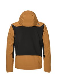 Hooded jacket featuring a color-block design with black and burnt orange panels, made from soft, water-resistant material.