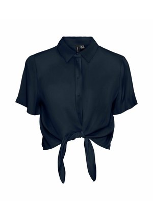 Chemise courte bleu marine à manches courtes avec col, boutons sur le devant et nœud noué à l'avant.