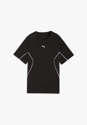 Camiseta deportiva negra de manga corta de Puma con detalles de ribete blanco en los laterales y mangas, con el logo blanco de Puma centrado en el pecho.