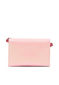 Różowy błyszczący portfel o gładkiej fakturze, prostokątnym kształcie i czerwonym akcentem na zapięciu. Kompaktowy design zapewniający wygodne użytkowanie.