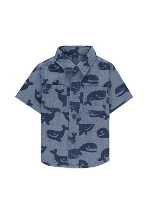Camicia blu a maniche corte con bottoni, stampe di balene blu scuro e due tasche sul petto davanti.