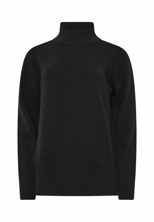 Schwarzer gestrickter Pullover mit hohem Rollkragen, langen Ärmeln und gerippten Bündchen und Saum. Der Stoff wirkt weich und strukturiert.