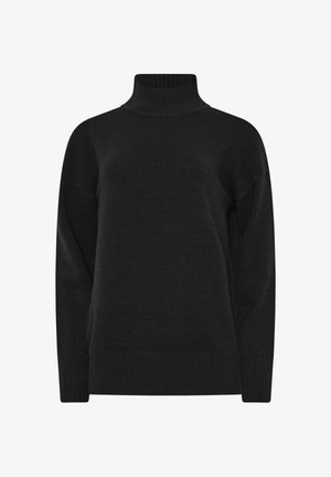 Zwarte gebreide trui met een hoge col, lange mouwen en geribelde manchetten en zoom. De stof lijkt zacht en gestructureerd.