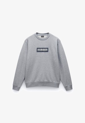 Grau sweatshirt mit Rundhalsausschnitt, gerippten Bündchen und Saum. Verfügt über ein blaues Logopatch in der Mitte mit der Aufschrift "NAPAPIJRI geographic."