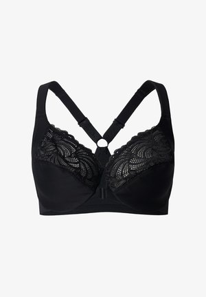 Soutien-gorge noir avec des bonnets supérieurs en dentelle au motif floral, un tissu inférieur lisse, des bretelles réglables et une fermeture à crochets.