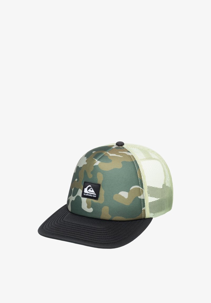 Green camo trucker cap with a black visor, mesh side panels, and a black logo patch featuring a mountain design.