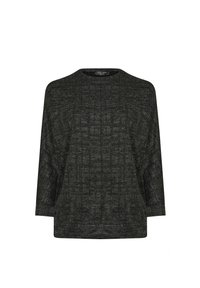 Ciemnoszara, strukturalna bluzka z okrągłym dekoltem i rękawami o długości trzy czwarte. Posiada subtelny, tkany wzór oraz luźny krój.