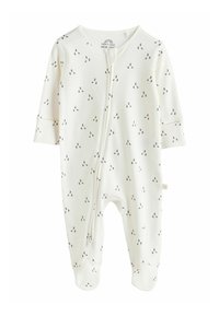 Vit babybody i mjukt tyg, med dragkedja framtill, långa ärmar och ett mönster av små svarta böjda former.