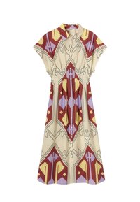 Robe midi à boutons avec des manches courtes et un motif géométrique en beige, bordeaux, jaune et violet clair.