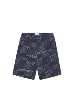 Pantaloni corti blu navy con vari motivi testurizzati in tonalità più chiare. Presentano tasche e un'etichetta in vita.