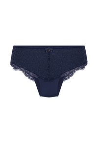 Marineblauwe bikini-slipjes voor dames met kantafwerking, bloemmotief en een kleine satijnen strik in het midden van de tailleband.