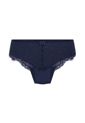 Marineblauwe bikini-slipjes voor dames met kantafwerking, bloemmotief en een kleine satijnen strik in het midden van de tailleband.
