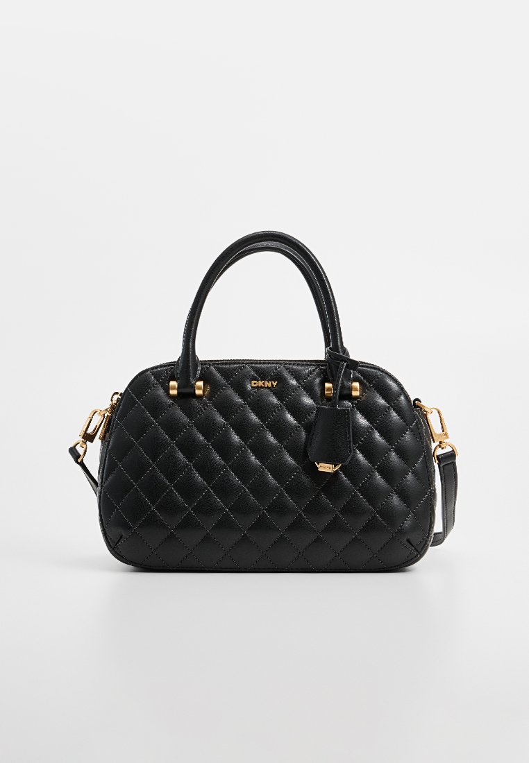 Schwarze, gesteppte Handtasche mit strukturiertem Design, doppelten Tragegriffen, abnehmbarem Schultergurt und goldfarbenen Hardwareakzenten.