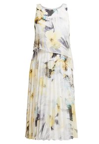 Długa sukienka z plisowaniem, wykonana z przezroczystej, lekkiej tkaniny. Kwiatowy wzór w odcieniach żółtego, szarego i niebieskiego. Bez rękawów z warstwowym wykończeniem u góry.