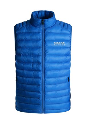 Gilet rembourré bleu avec un col montant, design matelassé vertical, fermeture éclair frontale et poches latérales. Présente le logo "Red Bull Racing" à l'avant.