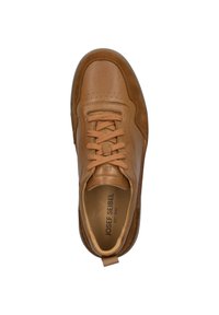 Brązowe skórzane sneakersy z jasnobrązowymi akcentami, zaokrąglony czubek, perforowana cholewka, sznurowane zapięcie i logo na wkładce. Teksturowany boczny panel.