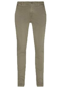Pantaloni slim-fit color kaki realizzati in tessuto misto cotone. Presentano una chiusura con bottone, cinque tasche e gambe dritte con una texture liscia.