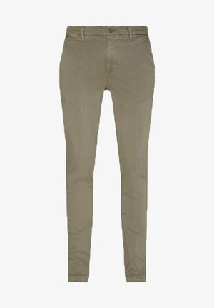 Khaki slim-fit bukser lavet af en blanding af bomuldsstof. Har en knaplukning, fem lommer og lige ben med en glat tekstur.