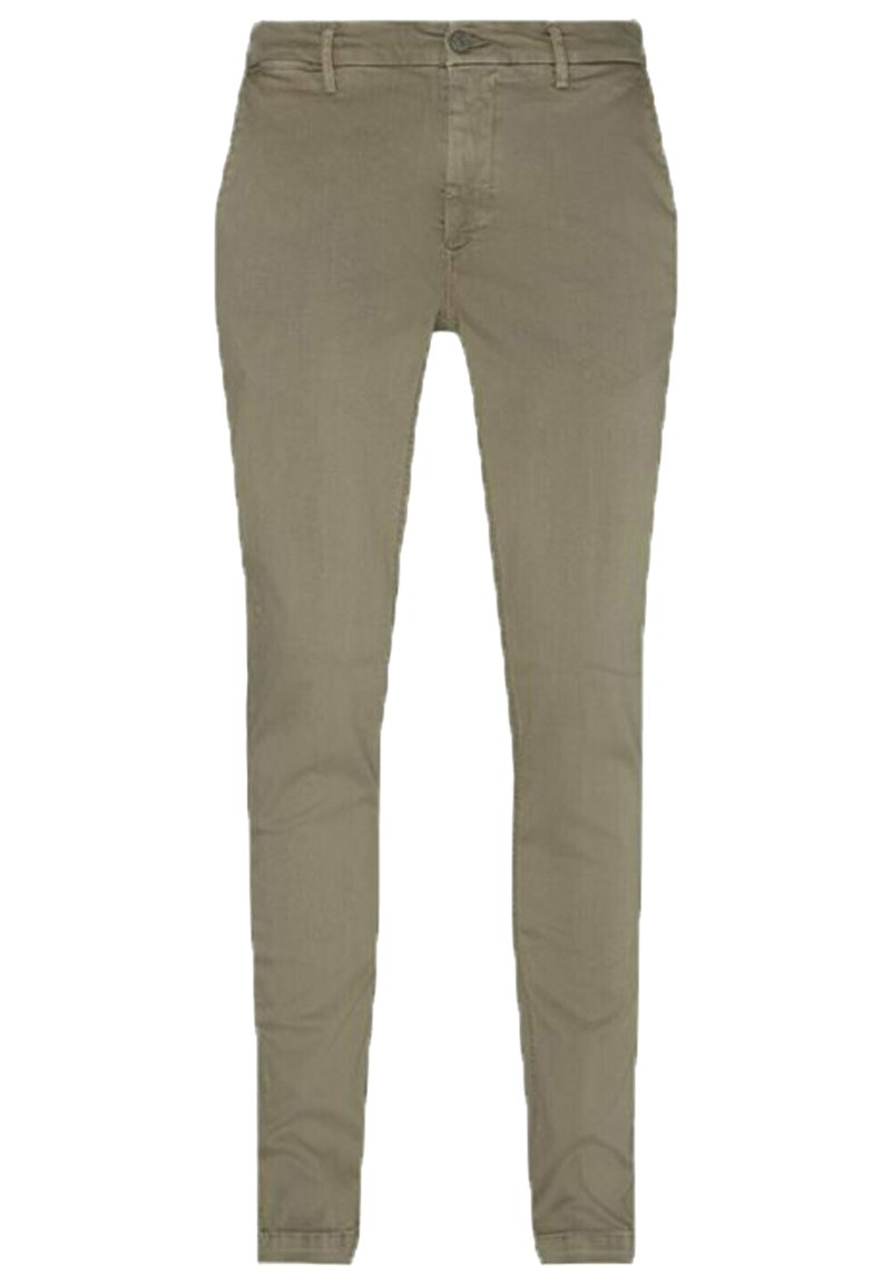 Pantaloni slim-fit color kaki realizzati in tessuto misto cotone. Presentano una chiusura con bottone, cinque tasche e gambe dritte con una texture liscia.