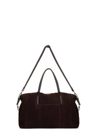Dark brown suede duffel bag with two top handles and a detachable shoulder strap. Features stitched accents and a zip closure.