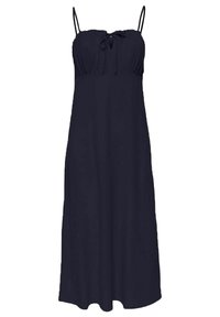 Ärmelloses dunkelblaues Kleid mit einem gebundenen Ausschnitt und gerafftem Oberteil. Fließender Stoff mit gerader Silhouette, der bis zur Mitte der Waden reicht.