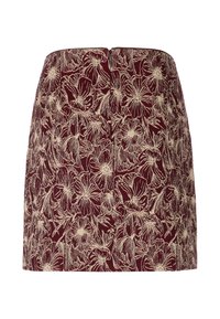 Short floral skirt in burgundy fabric, featuring an embroidered cream floral pattern. Straight cut with a back zipper.