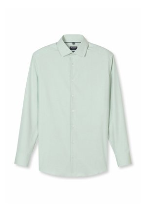 Camicia da uomo verde chiaro a maniche lunghe con colletto appuntito e bottoni bianchi sul davanti, mostrata distesa su sfondo bianco.
