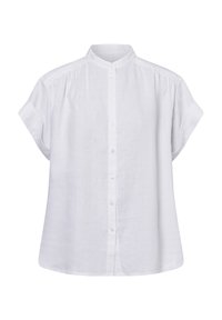 Witte blouse met korte mouwen en een mandarin kraag, met een knoopsluiting aan de voorkant en subtilen plooidetails op de schouders.